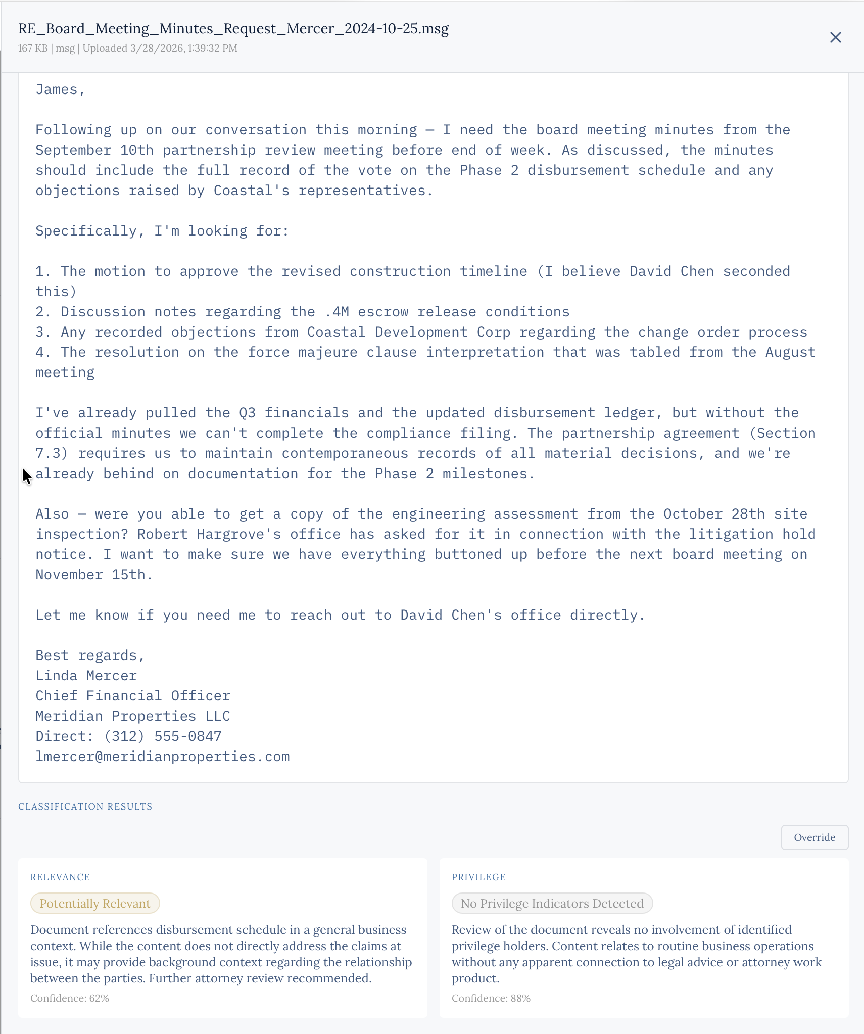 Document detail view — full text with AI reasoning and confidence scores