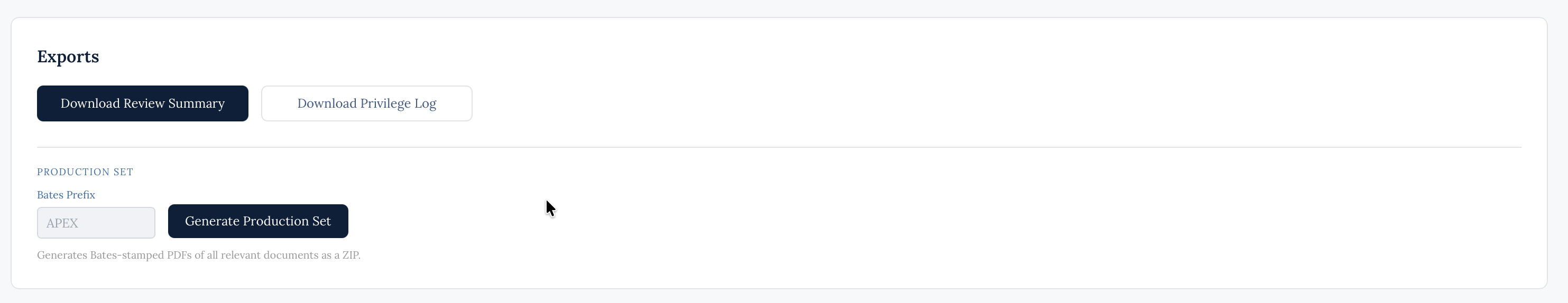 Export panel — review summary, privilege log, and Bates-numbered production set