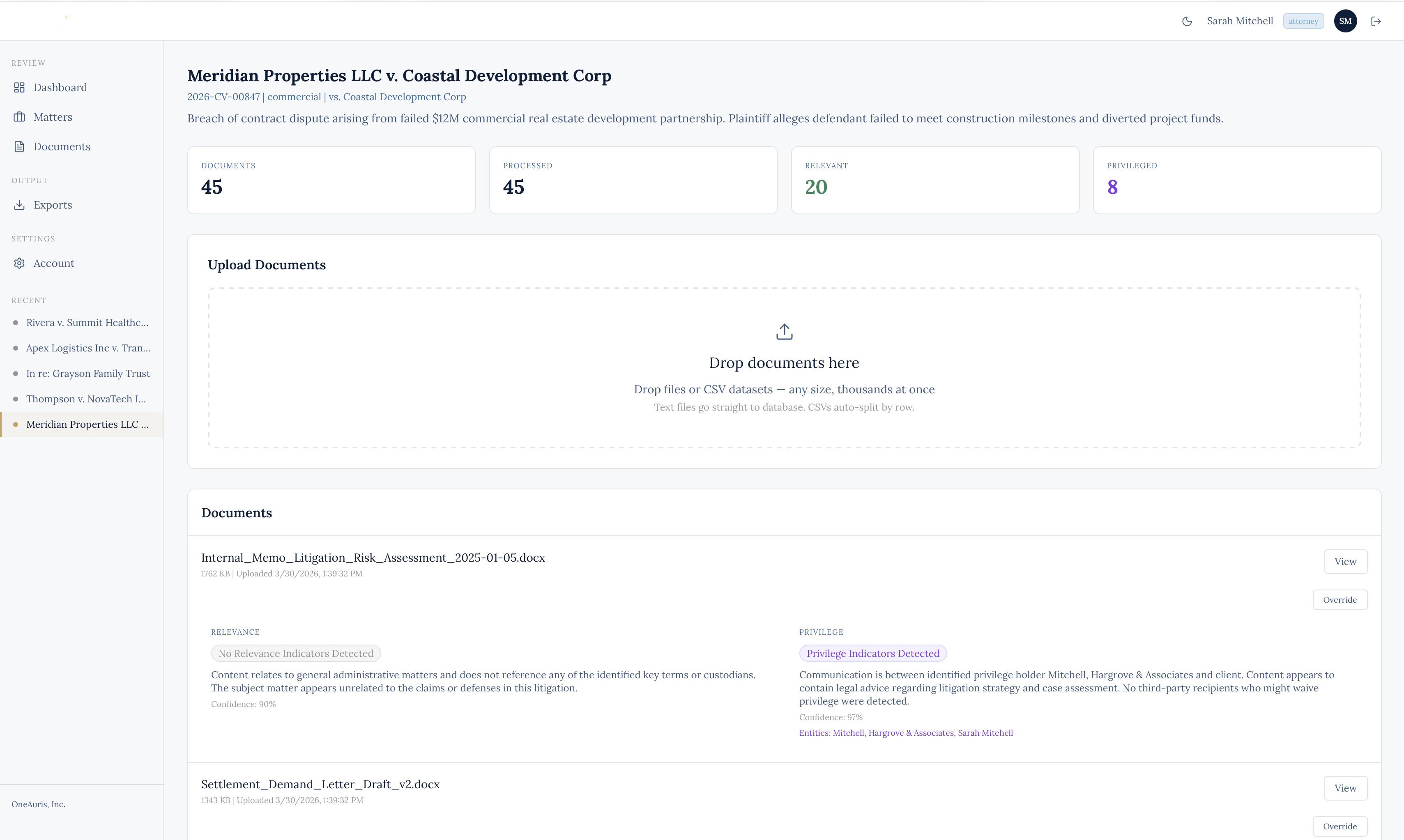 Matter review — documents with dual relevance and privilege classifications