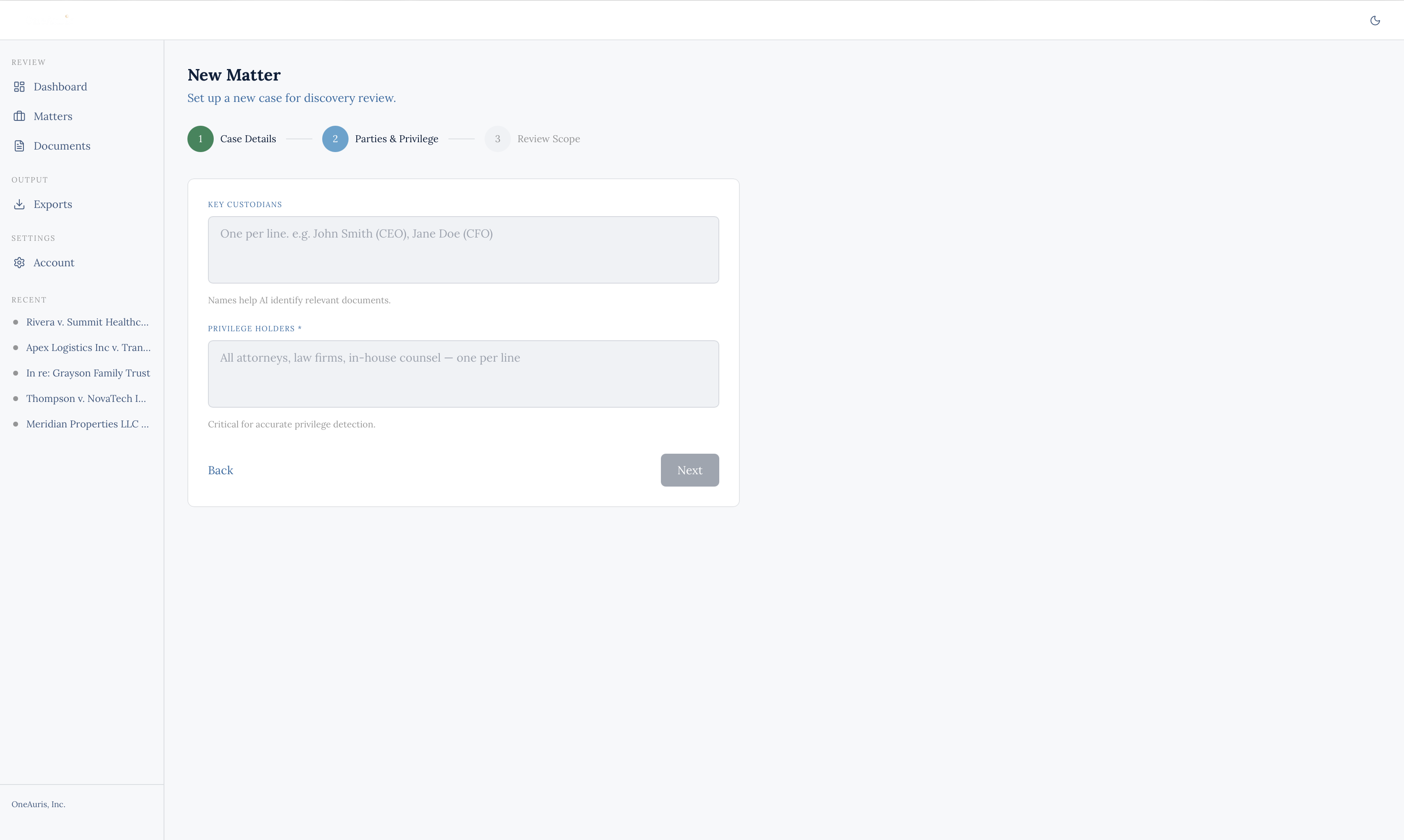 Matter intake wizard — defining custodians, privilege holders, and case parameters